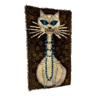 Mid-Century Rya Cat Rug or Wall Tapestry in Wool by Ege Taepper, Denmark, 1970s For Sale
