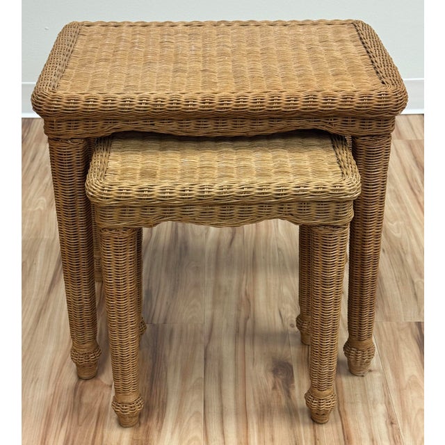 Transitional Vintage Woven Wicker Nesting Tables, a Pair For Sale - Image 3 of 10