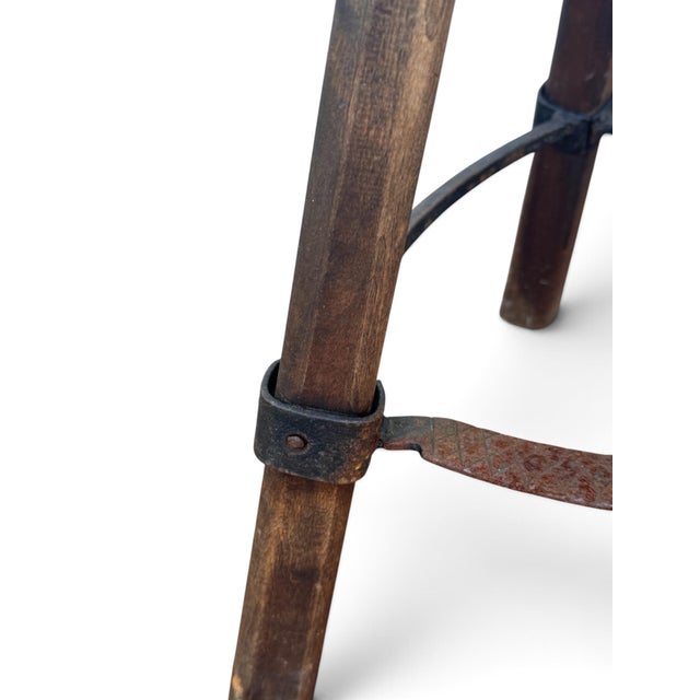 Brutalist Vintage Brutalist Hand-Carved Wood Tripod Bar Stool With Forged Iron Footrest For Sale - Image 3 of 8
