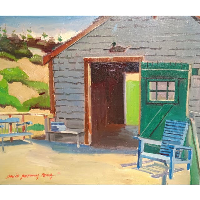 This original signed and dated David Beynon Pena original oil painting shows the Leadbetter Island boathouse looking up to...