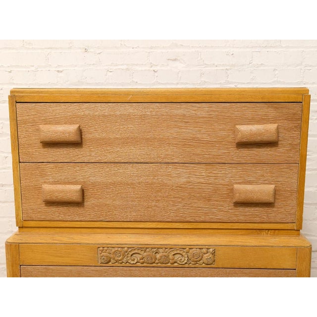 Early 20th Century Art Deco Blonde Wood Highboy Dresser With Carved Detail For Sale - Image 10 of 12