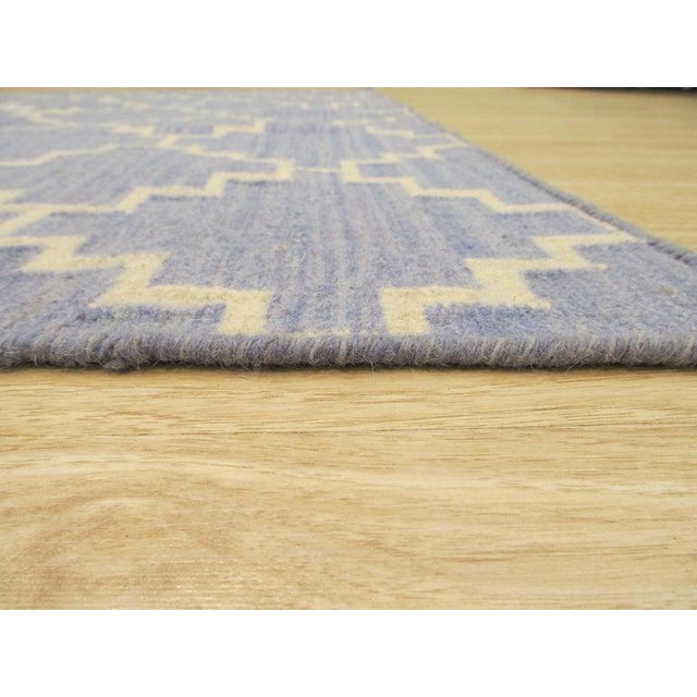 5x8 Blue Flat Weave Wool Stepped Diamond Lattice Geometric Modern Carpet Rug For Sale - Image 4 of 6