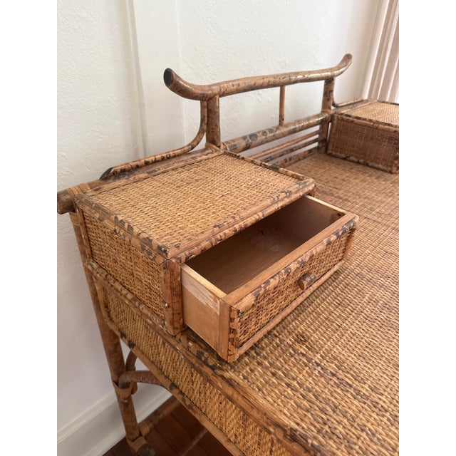 Vintage British Colonial Style Faux Burnt Bamboo and Grasscloth Pagoda Desk For Sale - Image 4 of 4