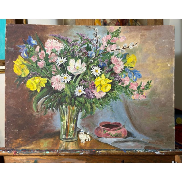 Antique original oil painting on canvas board of floral still life. Unframed.