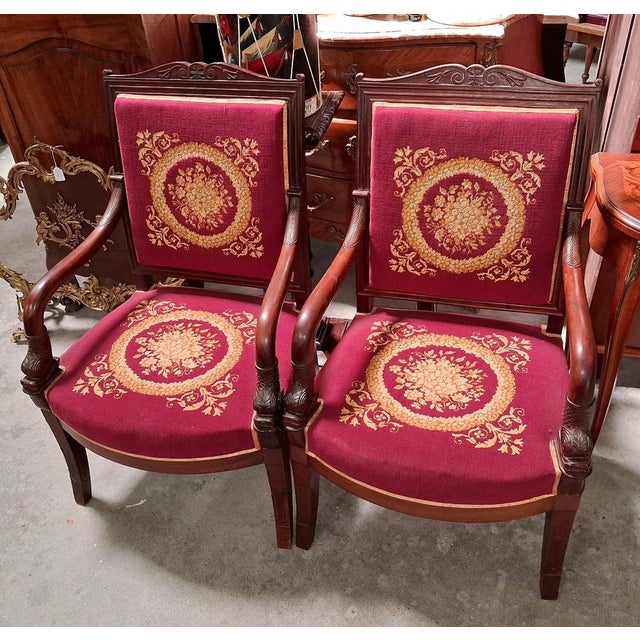 Traditional Empire Mahogany Armchairs in Petit Point, Set of 2 For Sale - Image 3 of 5