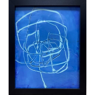 Small Framed Blue and Cream Acrylic Abstract Painting For Sale