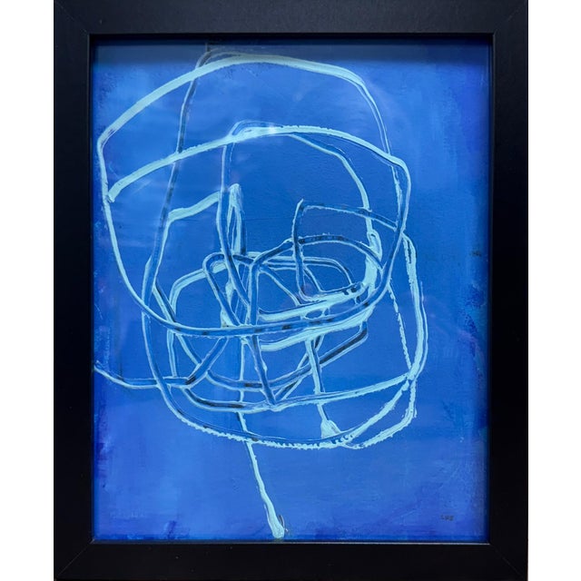 Small Framed Blue and Cream Acrylic Abstract Painting For Sale