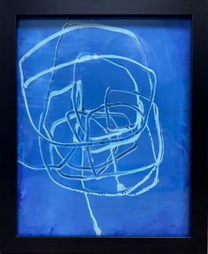 Small Framed Blue and Cream Acrylic Abstract Painting
