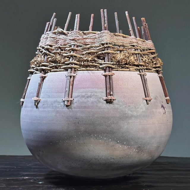 Vintage Organic Modern Fiber and Clay Vessel by Christine and Michael Adcock (Ca. 1980, Signed) For Sale - Image 4 of 11