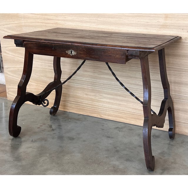 Spanish Spanish 1880s Walnut Side Table or Lady Desk, Lyre Legs and Iron Stretcher For Sale - Image 3 of 11