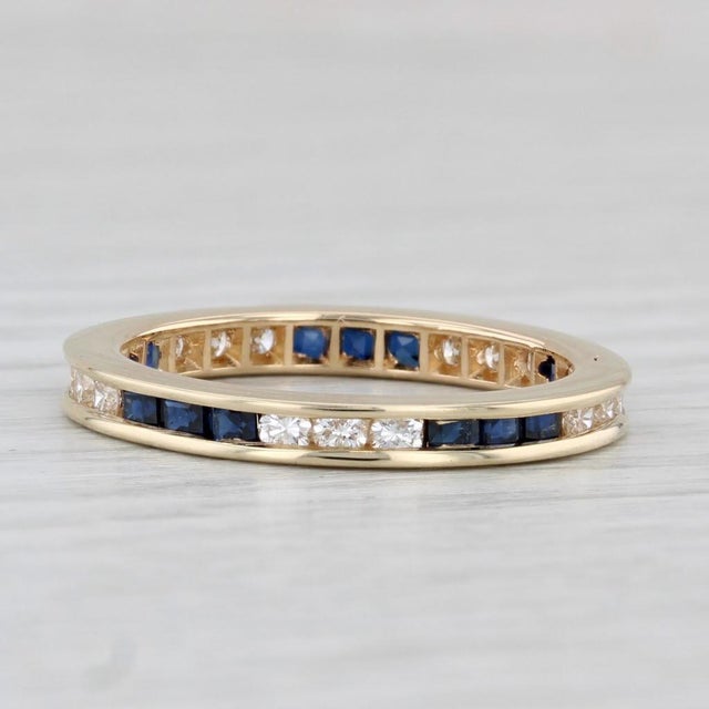 1.35ctw Blue Sapphire Diamond Eternity Band 14k Gold Stackable Wedding Ring For Sale - Image 4 of 7