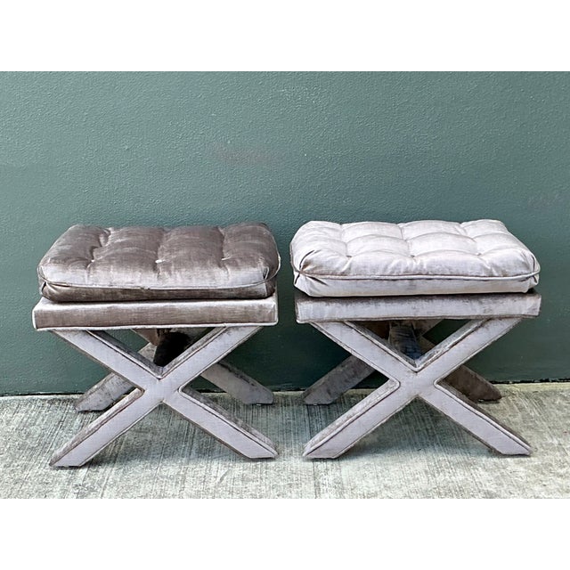 Late 20th Century Vintage Tufted Velvet X Benches - A Pair For Sale - Image 5 of 12