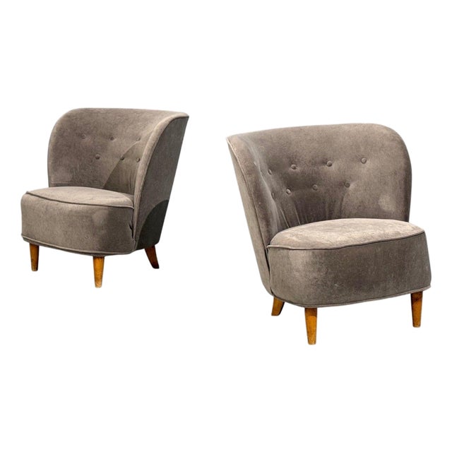 Finnish Modern, Easy Chairs, Velvet, Lacquered Wood, Finland, 1950s For Sale