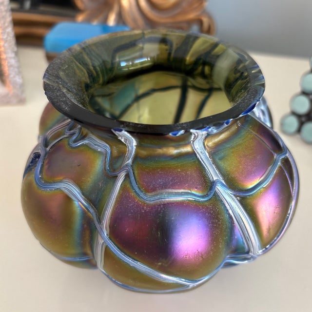 Beautiful example of bohemian art glass from Pallme-Konig & Habel circa 1900. An iridescent base of gold, blue and purple...