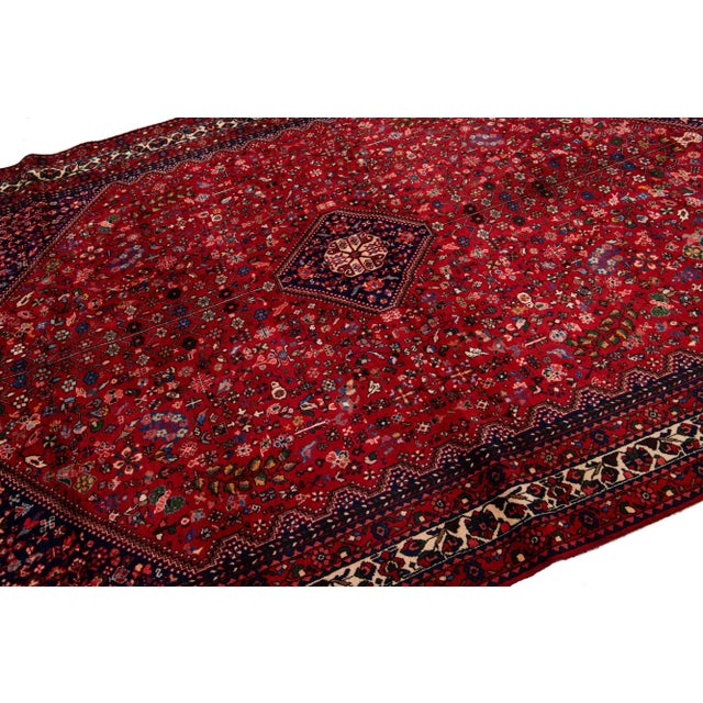 1960s Persian Handmade Shiraz Wool Rug With Red Floral Motif For Sale - Image 4 of 7