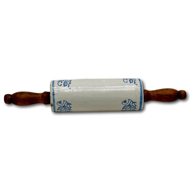 Unusual Antique American Wood Handle Stoneware Kitchen Rolling Pin With 4 Blue Wildflower Decorations For Sale - Image 4 of 16