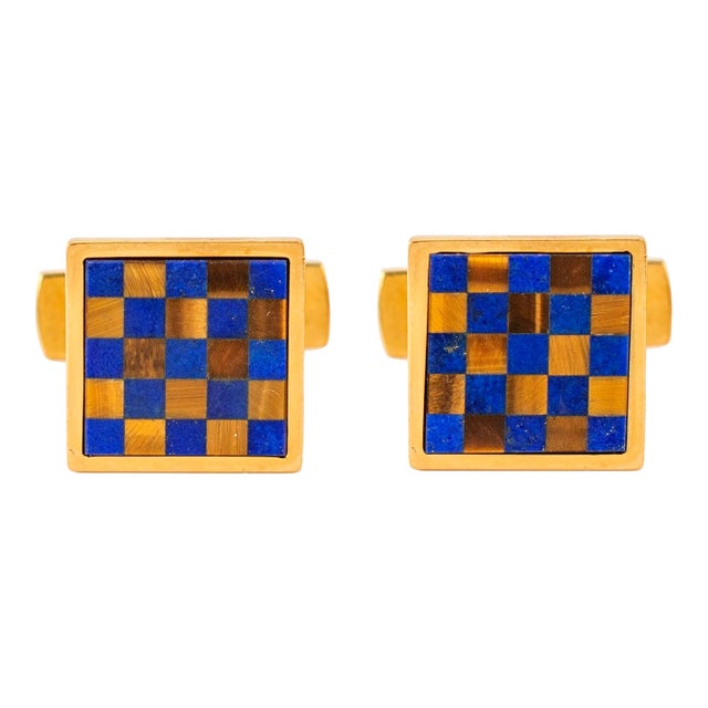 Late 20th Century Men's Vintage Bvlgari 18k Gold Blue Lapis Brown Tiger’s Eye Checkers Cufflinks, A Pair For Sale