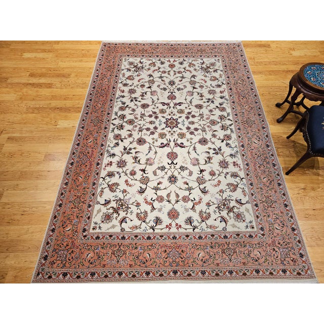 Textile Vintage Persian Tabriz Rug, Hand-Knotted Wool & Silk, Allover Floral Pattern, Ivory & Pale Red, 7x10 For Sale - Image 7 of 18