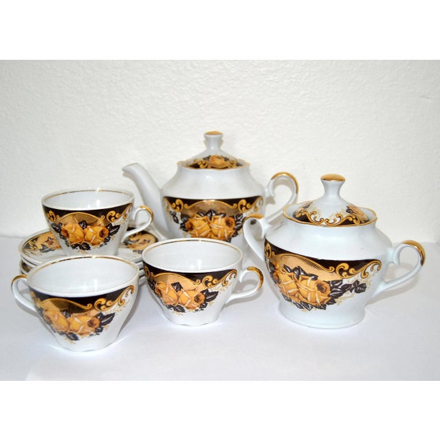 Napoleon III-Style Porcelain Tea Set With Gilded Roses From Peterhof Palace-9 Pieces For Sale - Image 4 of 4