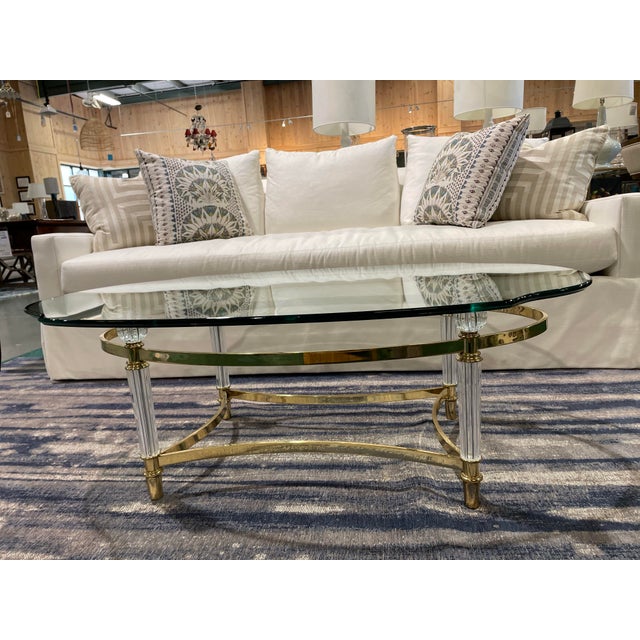 Vintage Brass and Lucite Oval Glass Top Coffee Table | Chairish