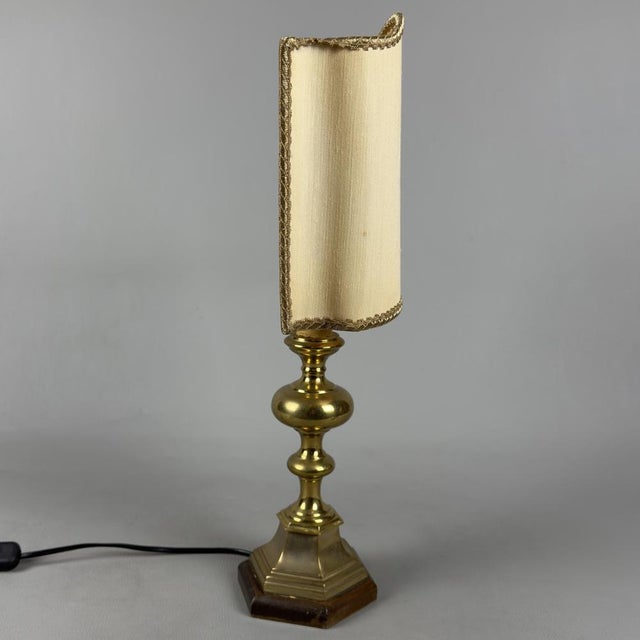 Vintage Brass and Wood Table Lamp with Beige Fabric Shade, 1960s For Sale - Image 3 of 13