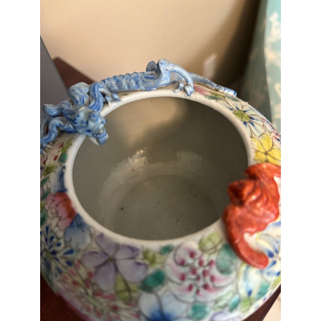 Vintage Chinese Porcelain Dragon Bowl Famille Rose Floral Jardiniere For Sale - Image 4 of 9