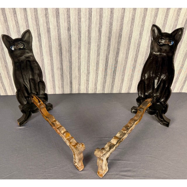Metal 1930s Black Cat Iron Andirons With Glass Marble Eyes For Sale - Image 7 of 11