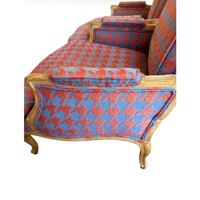 Wood Vintage French Country Bergère Chairs in Red and Blue Houndstooth, a Pair For Sale - Image 7 of 11