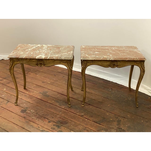 1970s Carved Oak and Marble Louis XV Style End Tables, a Pair For Sale - Image 16 of 16