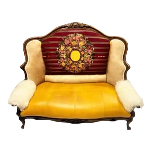 Late 19th Century French Settee With Guatemalan Hand Embroidery, Cowhide and Sheepskin