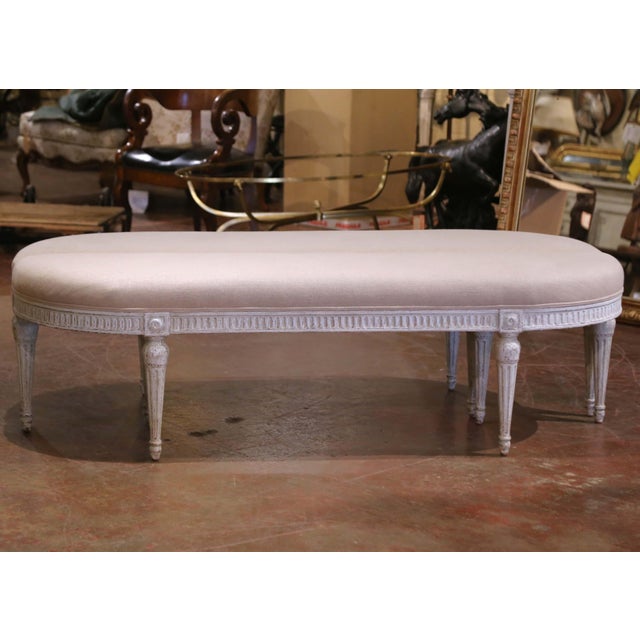 Pair of 19th Century Louis XVI Painted Upholstered Benches With Rounded Corners For Sale - Image 4 of 11