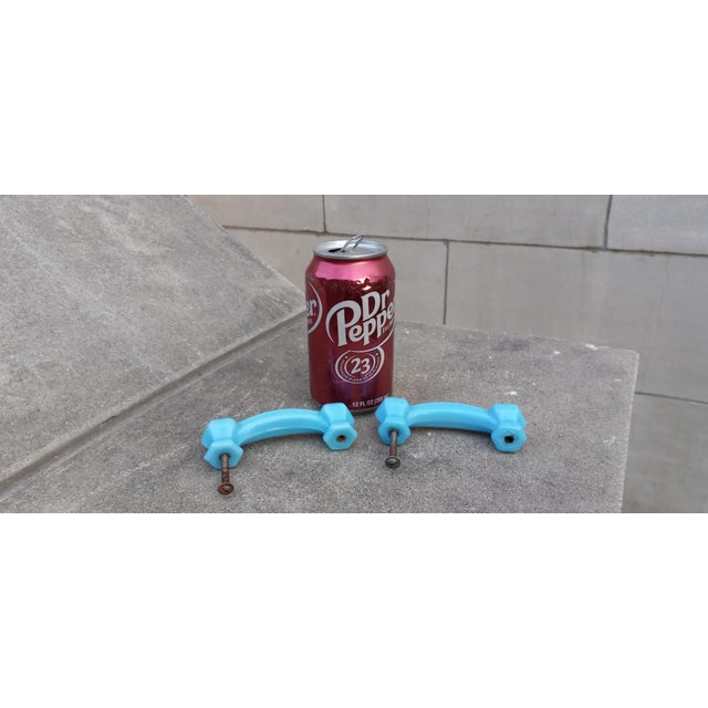 1920s Art Deco Pair (2x) Blue Opaline Glass Drawer Pulls (Handles) For Sale - Image 12 of 16