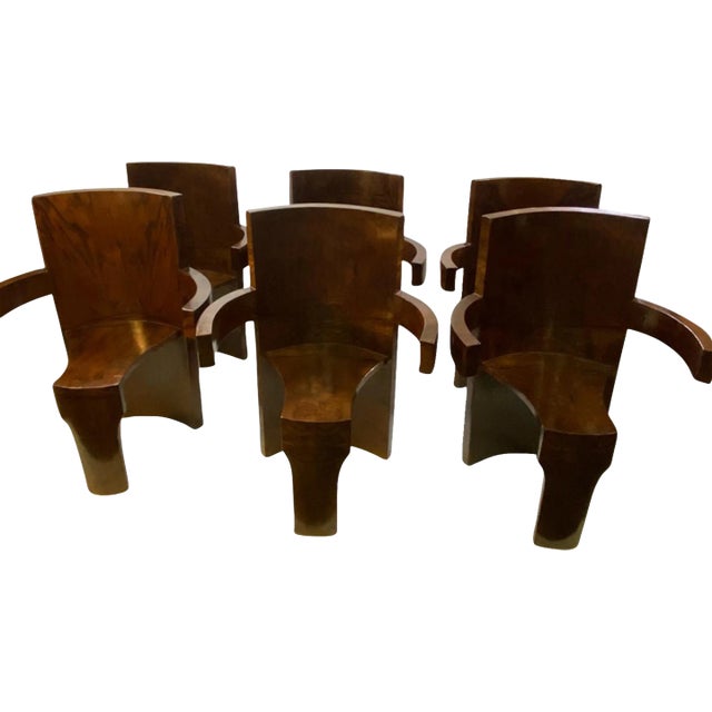 1970s Modernist Art Deco Revival Burlwood Dining Chairs - Set of 6 For Sale
