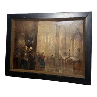 Antique Church Interior, Oil on Canvas, Signed For Sale