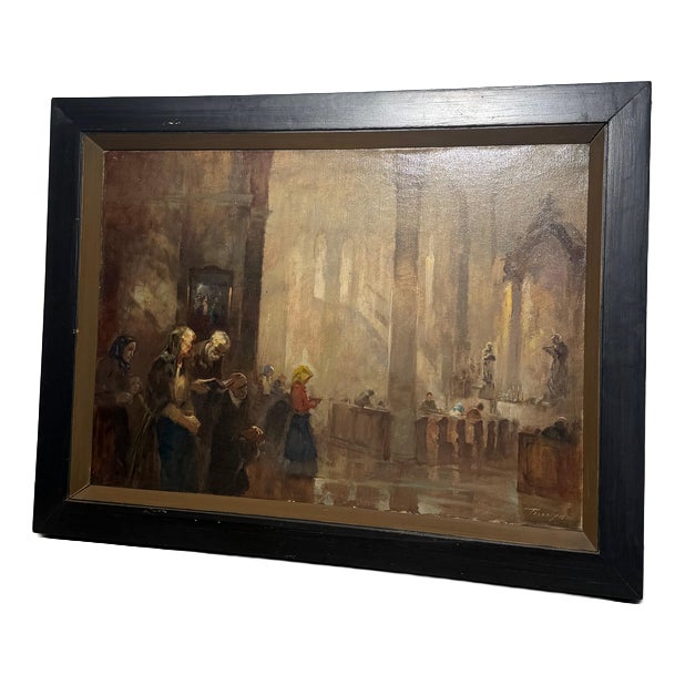 Antique Church Interior, Oil on Canvas, Signed For Sale