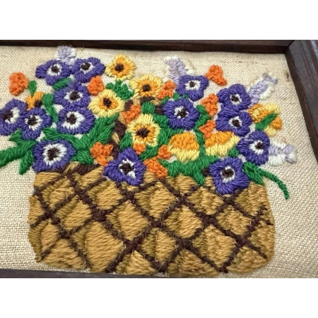 Vintage Floral Crewel Embroidery Wall Hanging, Wood Frame, 8.5" X 6.5" For Sale In New York - Image 6 of 6