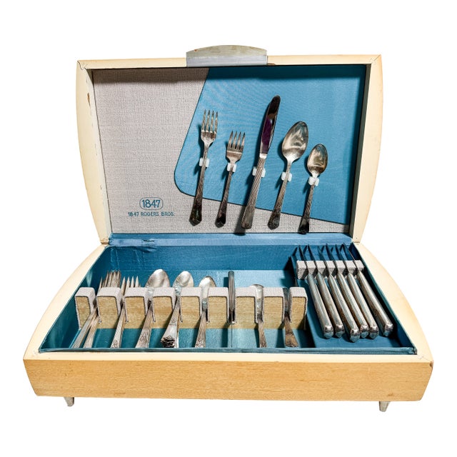 Vintage 1847 Rogers Bros Wm Rogers Sectional Stainless Flatware Set in Mid Century Modern Blonde Wood Case | Service for 8 | MCM Silverware For Sale