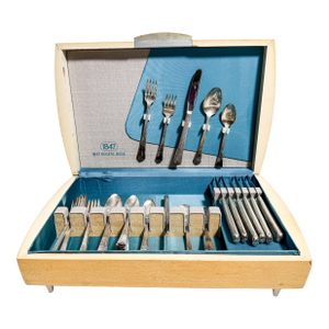 Vintage 1847 Rogers Bros Wm Rogers Sectional Stainless Flatware Set in Mid Century Modern Blonde Wood Case | Service for 8 | MCM Silverware