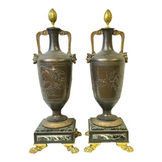 French Neoclassical Patinated Bronze and Marble Urn Vases, a Pair For Sale
