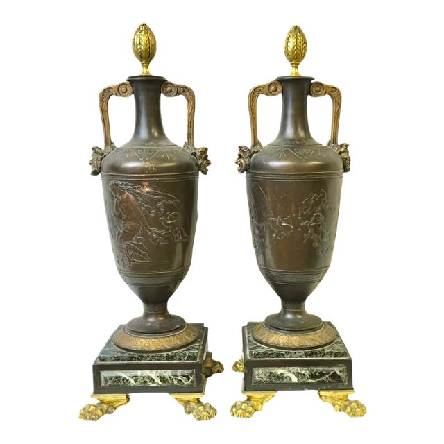 French Neoclassical Patinated Bronze and Marble Urn Vases, a Pair For Sale