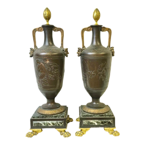 French Neoclassical Patinated Bronze and Marble Urn Vases, a Pair