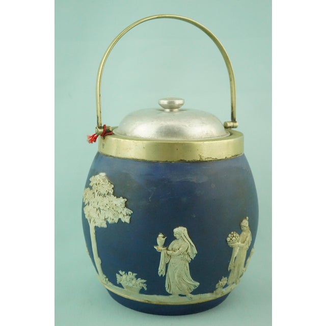 Neoclassical Vase or Biscuit Jar in Blue Jasperware with Classical Scenes from Wedgwood, Staffordshire, England, 1890s For Sale - Image 4 of 18