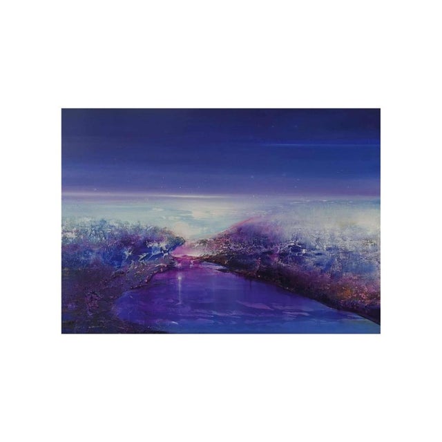 A deep celestial atmosphere dominates this oil painting. The composition balances a vast indigo sky with a luminous,...