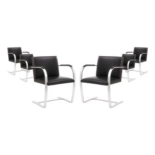 Set of 6 Mies Van Der Rohe for Knoll Brno Brushed Steel Black Leather Armchairs For Sale