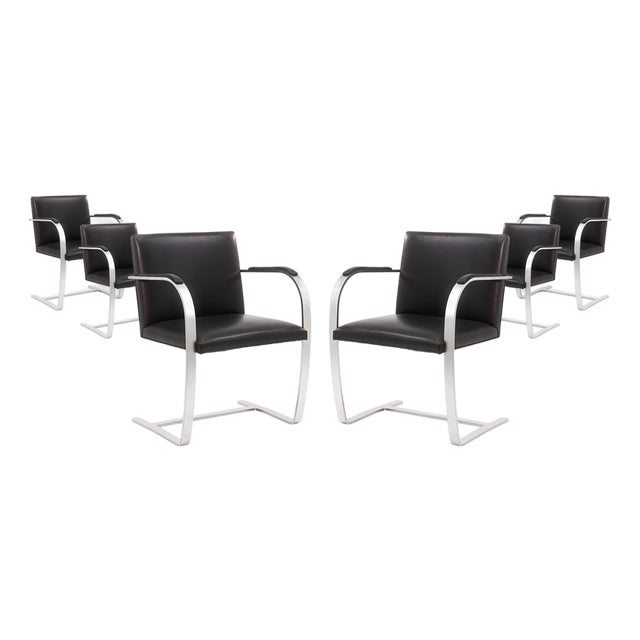 Set of 6 Mies Van Der Rohe for Knoll Brno Brushed Steel Black Leather Armchairs For Sale