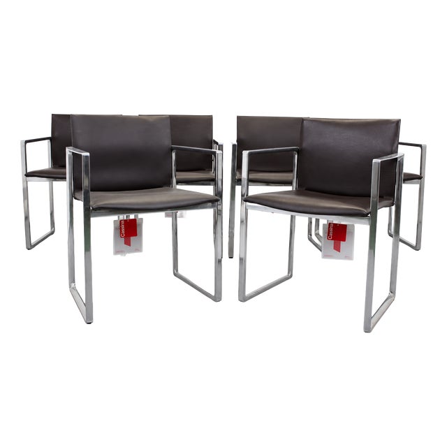 Eve 184 Armchairs in Leather and Steel by Piero Lissoni for Cassina, 2010s, Set of 6 For Sale