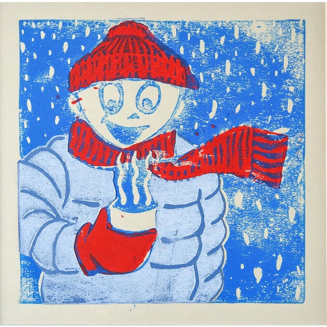 Serigraph on paper of character bundled up for winter holding a steaming cup of coffee or hot chocolate. In red and blue,...