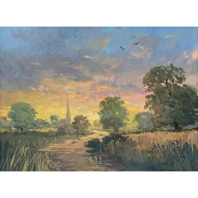 Sunrise at Village by River in the English Countryside with Church Spire & Birds 1985 Circa For Sale - Image 10 of 13