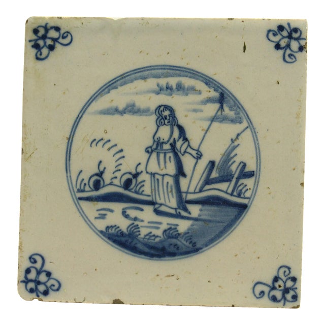 Antique Dutch Delft Blue & White Tile Pastoral Landscape W Shepherdess For Sale