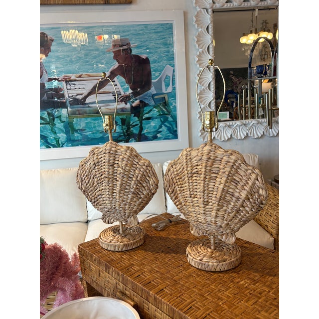 Late 20th Century Pair of Woven Grass Scalloped Clam Shell Seashell Beach Table Lamps Newly Wired For Sale - Image 5 of 12